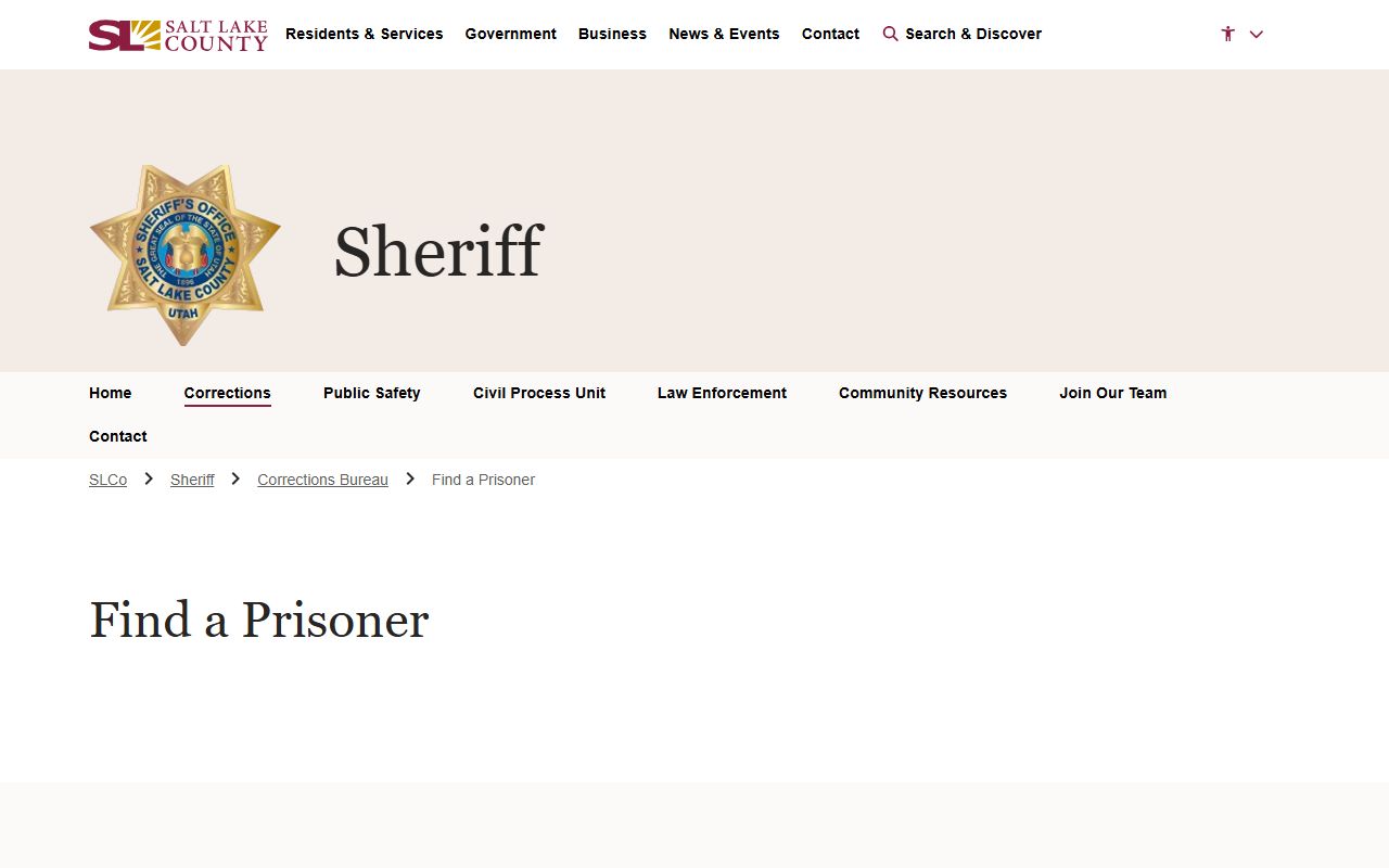 Salt Lake County Metro Jail inmate lookup find a prisoner page