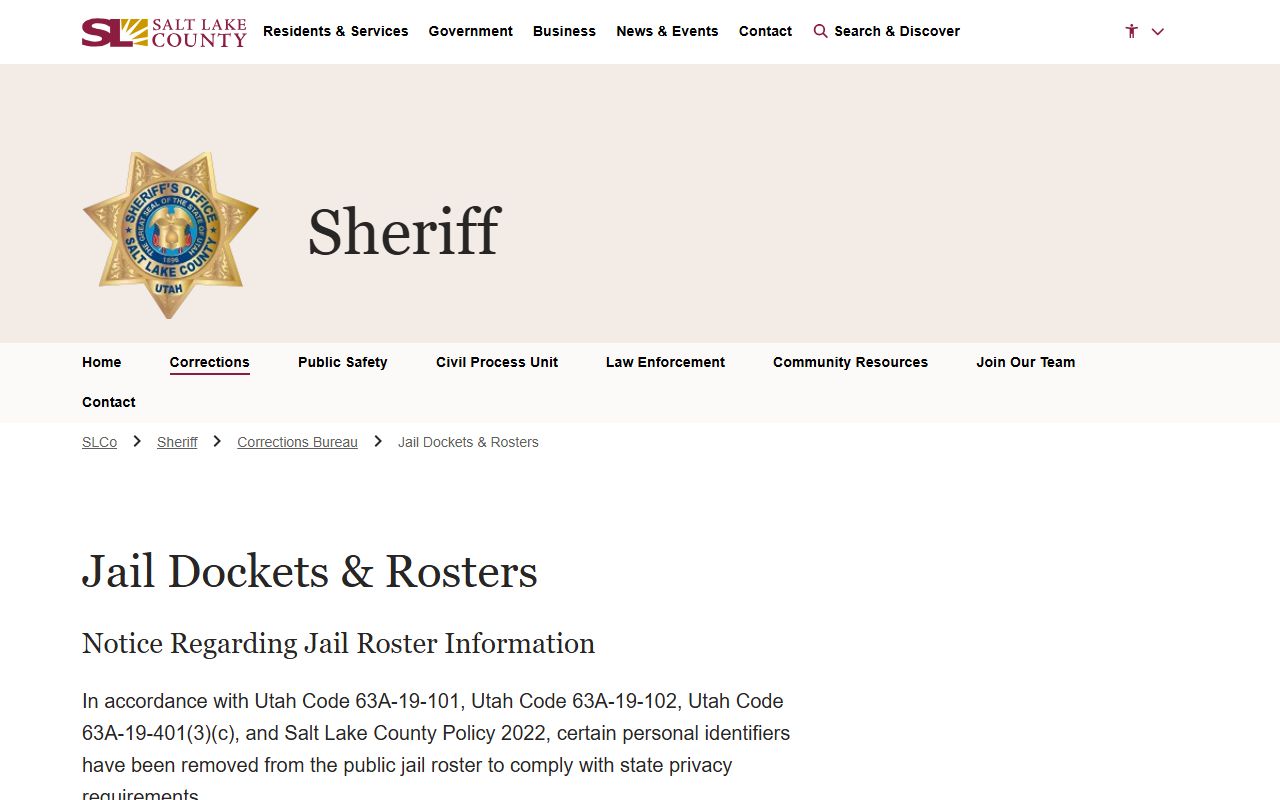 Salt Lake County Oxbow Jail roster and jail dockets page